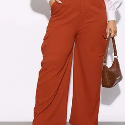 SASSAFRAS Curve Women Plus Size Rust Orange Straight Fit Pleated-Front Cargos Trousers-image-14