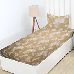 RD TREND Beige Floral 210 TC Cotton Single Fitted Bedsheet with 1 Pillow Covers-image-52