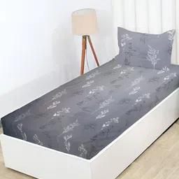 RD TREND Brown Floral 210 TC Cotton Single Fitted Bedsheet with 1 Pillow Covers-image-60