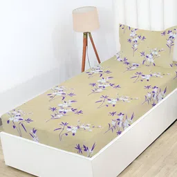 RD TREND Yellow & White Floral 210 TC Fitted Cotton Single Bedsheet with 1 Pillow Covers-image-96