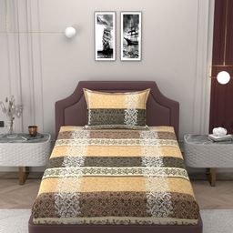 Bromwick Beige Floral 210 TC Single Bedsheet with 1 Pillow Covers-image-24
