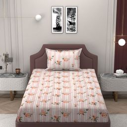 Bromwick Pink & Green Floral 250 TC Cotton Single Bedsheet With 1 Pillow Cover-image-10