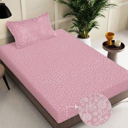 FABINALIV Pink Floral 300 TC Woollen Embossed Single Bedsheet with Pillow Cover-image-37
