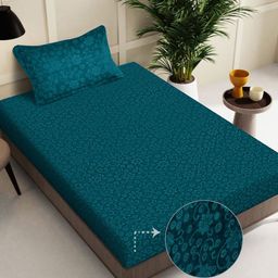 FABINALIV Teal Floral 300 TC Woollen Embossed Single Bedsheet with Pillow Cover-image-83