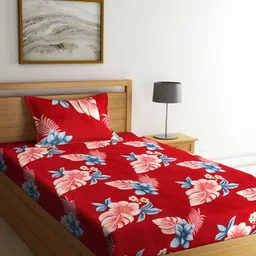 Arrabi Red & Blue Floral 300 TC Flat Single Bedsheet with 1 Pillow Cover-image-45
