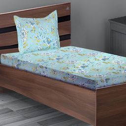 Stylista Blue & Green Printed Cotton 400 TC Fitted Single Bedsheet With 1 Pillow Cover-image-83