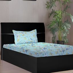 Stylista Blue Floral Printed Cotton 400 TC Fitted Single Bedsheet with 1 Pillow Cover-picture-0