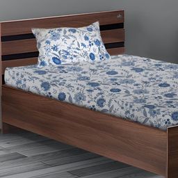 Stylista Blue & White Printed Cotton 400 TC Fitted Queen Bedsheet With 2 Pillow Covers-image-92