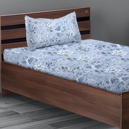Stylista Blue Floral 400 TC Fitted Single Bedsheet with 1 Pillow Covers-image-50