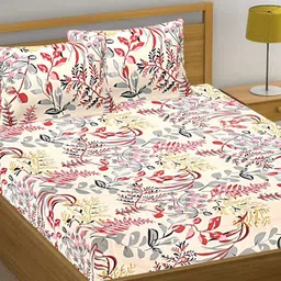 HASHCART Beige & Maroon Floral 210 TC Queen Bedsheet with 2 Pillow Covers-image-89