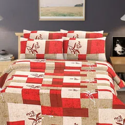 HASHCART Red & Brown Geometric 210 TC Queen Bedsheet with 2 Pillow Covers-23