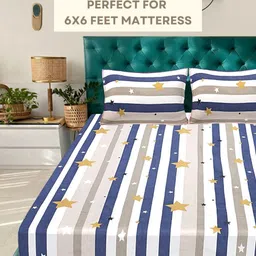 HASHCART White Striped Printed Cotton 210 TC Queen Bedsheet Set-2.40 m x 2.25 m-40