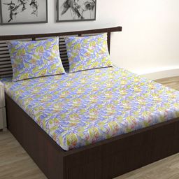 Divine Casa Trident Blue Floral Pure Cotton 144 TC Queen Bedsheet Set 2.54cm x 2.22cm-image-63