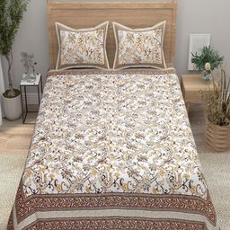 Aura Beige Floral Printed 144 TC Pure Cotton Double King Bedsheet & 2 Pillow Covers-image-47