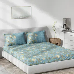 DDecor Live Beautiful Blue Floral Cotton 144 TC Fitted King Bedsheet with 2 Pillow Covers-image-45