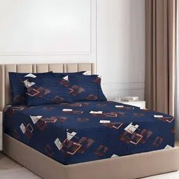 bsb home Navy Blue & Beige Microfiber 180 TC Fitted King Bedsheet & 2 Pillow Covers-image-53