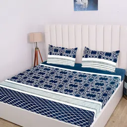 RD TREND Grey & Blue Abstract 210 TC King Bedsheet with 2 Pillow Covers-image-80