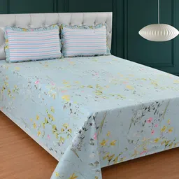 BREVARD Blue & Yellow Floral 210 TC King Bedsheet with 2 Pillow Covers-image-58