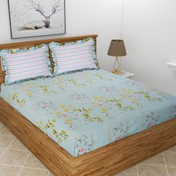 BREVARD Blue & Pink Floral 210 TC Super King Size Bedsheet with 2 Pillow Covers-picture-12