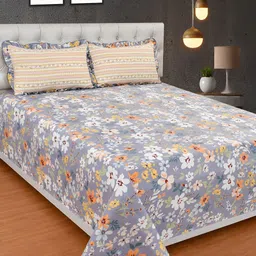BREVARD Grey & Beige Floral 210 TC Super King Size Bedsheet with 2 Pillow Covers-image-42