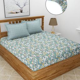 BREVARD Turquoise Blue Floral Polycotton Fitted 210 TC King Bedsheet with 2 Pillow Covers-image-68
