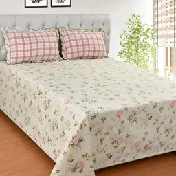 BREVARD Pink & Beige Floral Printed 210 TC King Bedsheet with 2 Pillow Covers-56