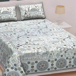 Texstylers Grey White Kantha Pattern Cotton 210 TC King Bedsheet With 2 Pillow Covers-image-75