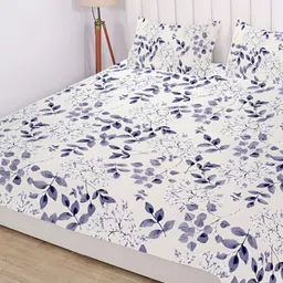 RD TREND Off White & Blue Floral Printed 210 TC Cotton  King Bedsheet with 2 Pillow Covers-image-87