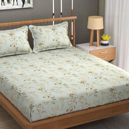 Bajo's Green & Brown Floral 250 TC Fitted Cotton King Bedsheet with 2 Pillow Covers-image-92