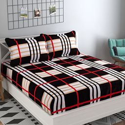 Temoli Black & Brown Striped 260 TC Woollen King Bedsheet with 2 Pillow Covers-image-100