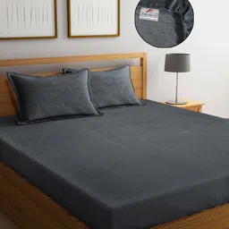 FABINALIV Grey Solid 300 TC Woollen King Size Fitted Double Bedsheet & 2 Pillow Covers-image-1