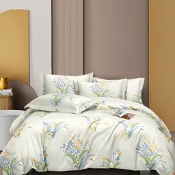 DECOREZA Beige Floral Printed Fitted Cotton 300 TC King Bedsheet with 2 Pillow Covers-image-17