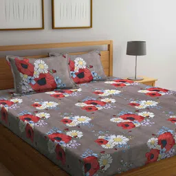 Arrabi Brown & Red Floral 300 TC Super King Bedsheet with 2 Pillow Covers-image-26