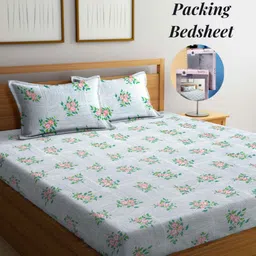 Arrabi Grey & Green Floral 300 TC King Bedsheet with 2 Pillow Covers-47