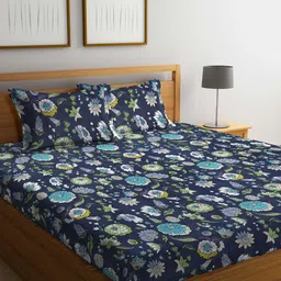 Arrabi Grey & Green Floral 300 TC Flat King Bedsheet with 2 Pillow Covers-21