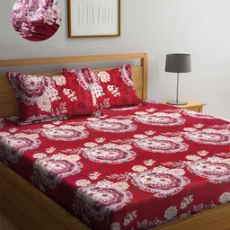 Arrabi Red & Beige Floral 300 TC King Bedsheet with 2 Pillow Covers-22