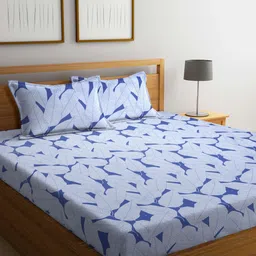 Arrabi Blue & White 300 TC Flat King Bedsheet with 2 Pillow Covers-image-86