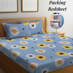 Arrabi Grey & White Floral 300 TC King Bedsheet with 2 Pillow Covers-image-86