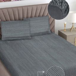 FABINALIV Grey Striped 300 TC King Size Fitted Double Bedsheet With 2 Pillow Covers-picture-16
