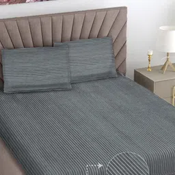 FABINALIV Grey Striped Woollen 300 TC King Bedsheet with 2 Pillow Covers-image-58