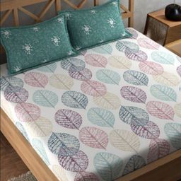 Bajo's White & Green Floral 350 TC Cotton King Bedsheet with 2 Pillow Covers-picture-24