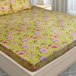 Stylista Yellow & Pink Printed Cotton 400 TC Fitted King Bedsheet With 2 Pillow Covers-18