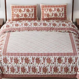 FABROLI Beige & Red Ethnic Motifs 240 TC Cotton King Bedsheet with 2 Pillow Covers-5