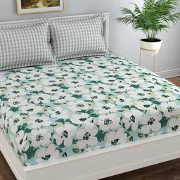 Florida White Green Floral 300 TC Cotton Queen Bedsheet With 2 Pillow Covers-image-77