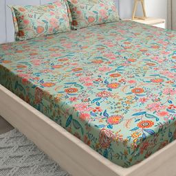Stylista Green Printed Cotton 400 TC Fitted Double Queen Bedsheet With 2 Pillow Covers-image-27