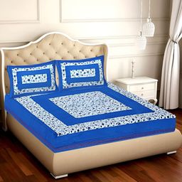 UBANIA COLLECTION Blue Floral Printed 120 TC Cotton Queen Bedsheet with 2 Pillow Covers-image-73