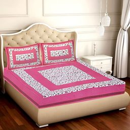 UBANIA COLLECTION Pink & White Printed Cotton 120 TC Queen Bedsheet with 2 Pillow Covers-image-15