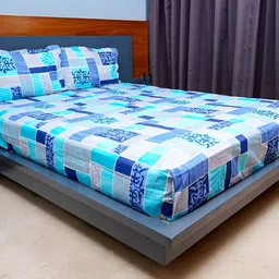 inizio Blue Grey Geometric Cotton 220 TC King Bedsheet With 2 Pillow Covers-image-23
