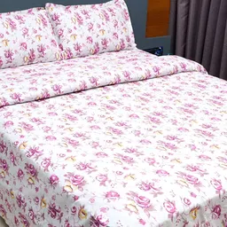 inizio White Floral Cottan 220 TC Queen Bedsheet With 2 Pillow Covers-image-41