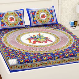 UBANIA COLLECTION Blue Printed 144 TC Queen Bedsheet with 2 Pillow Covers-image-61